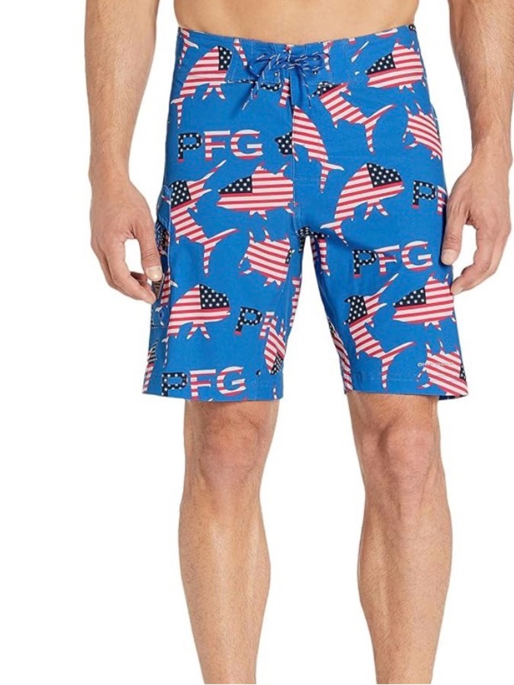 Columbia PFG Mens Swim Trunks Shorts Size 34 Blue American Flag Fish Print Board